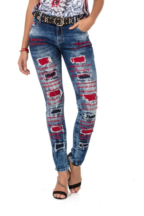 WD478 Jeans delgados para mujeres con recortes de colores