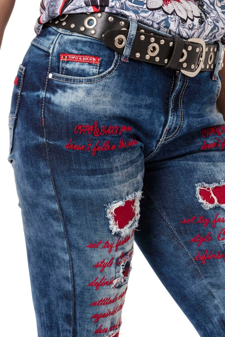 WD478 Jeans delgados para mujeres con recortes de colores