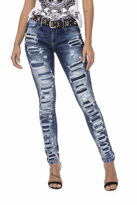 WD479 Damen Slim-Fit-Jeans mit coolen Destroyed-Elementen