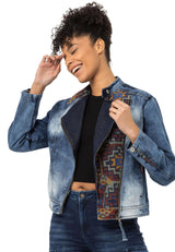 WJ228 Women Denim Jacket with Detailed Ethnic Pattern