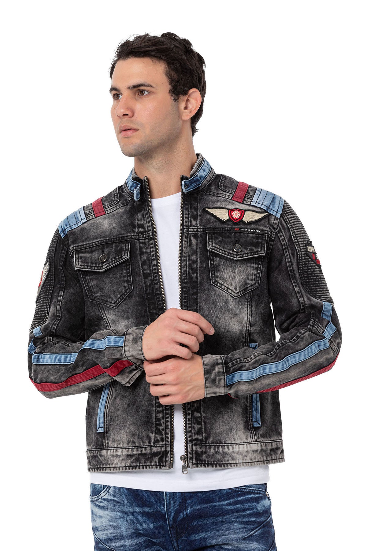 CJ300 Veste en jean pour homme avec détails biker