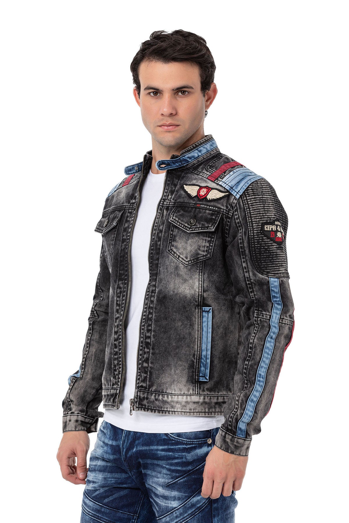 CJ300 Veste en jean pour homme avec détails biker