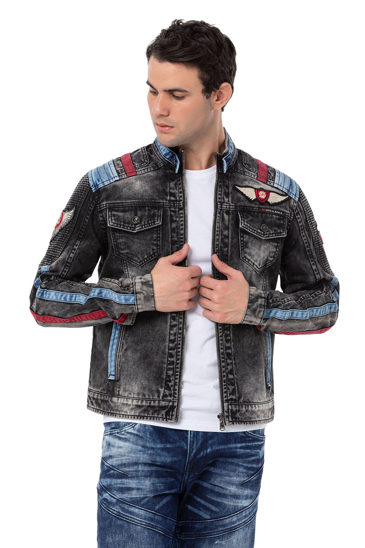 CJ300 Veste en jean pour homme avec détails biker