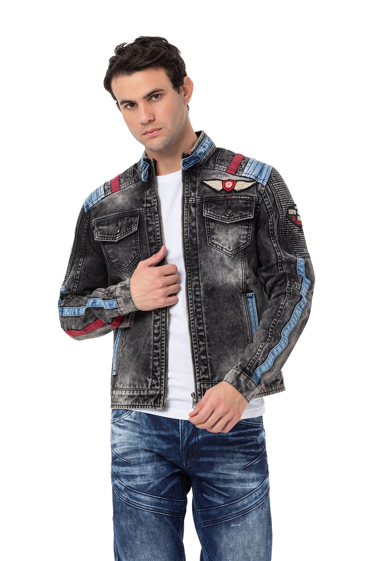 CJ300 Veste en jean pour homme avec détails biker