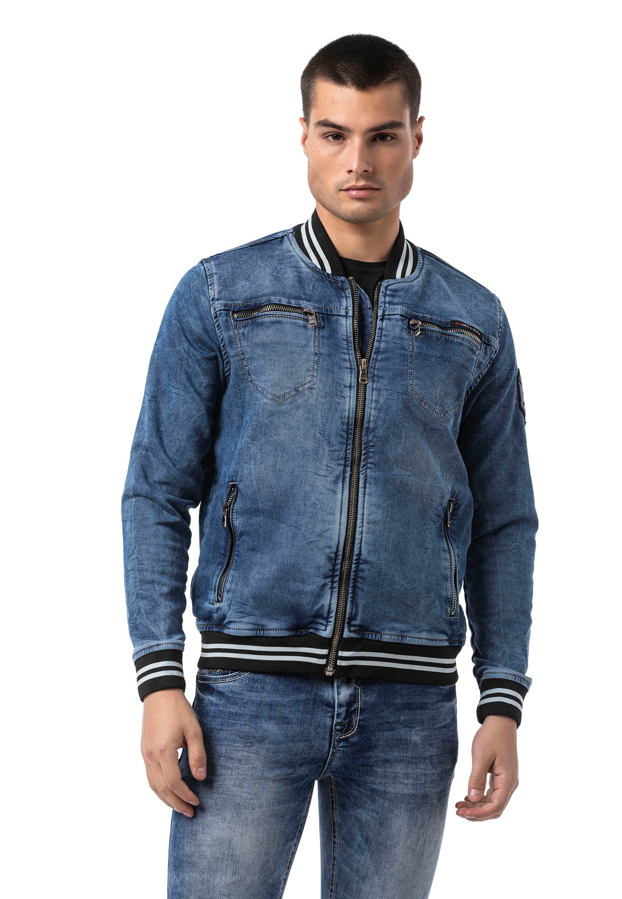 CJ310 Herren Jeansjacke mit gestreiftem Bündchen und College-Kragen