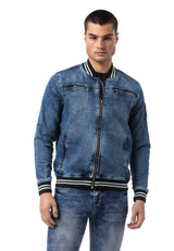 CJ310 Herren Jeansjacke mit gestreiftem Bündchen und College-Kragen
