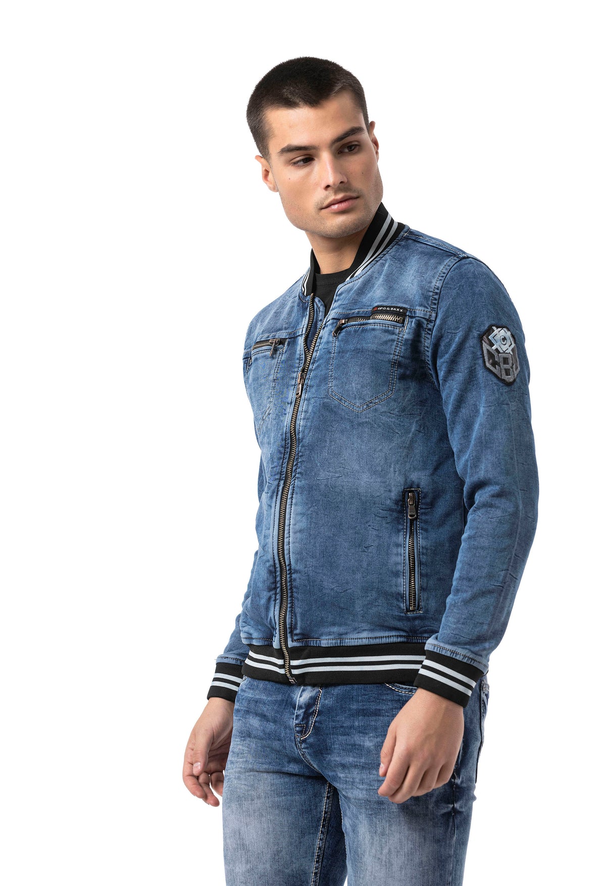 CJ310 Herren Jeansjacke mit gestreiftem Bündchen und College-Kragen