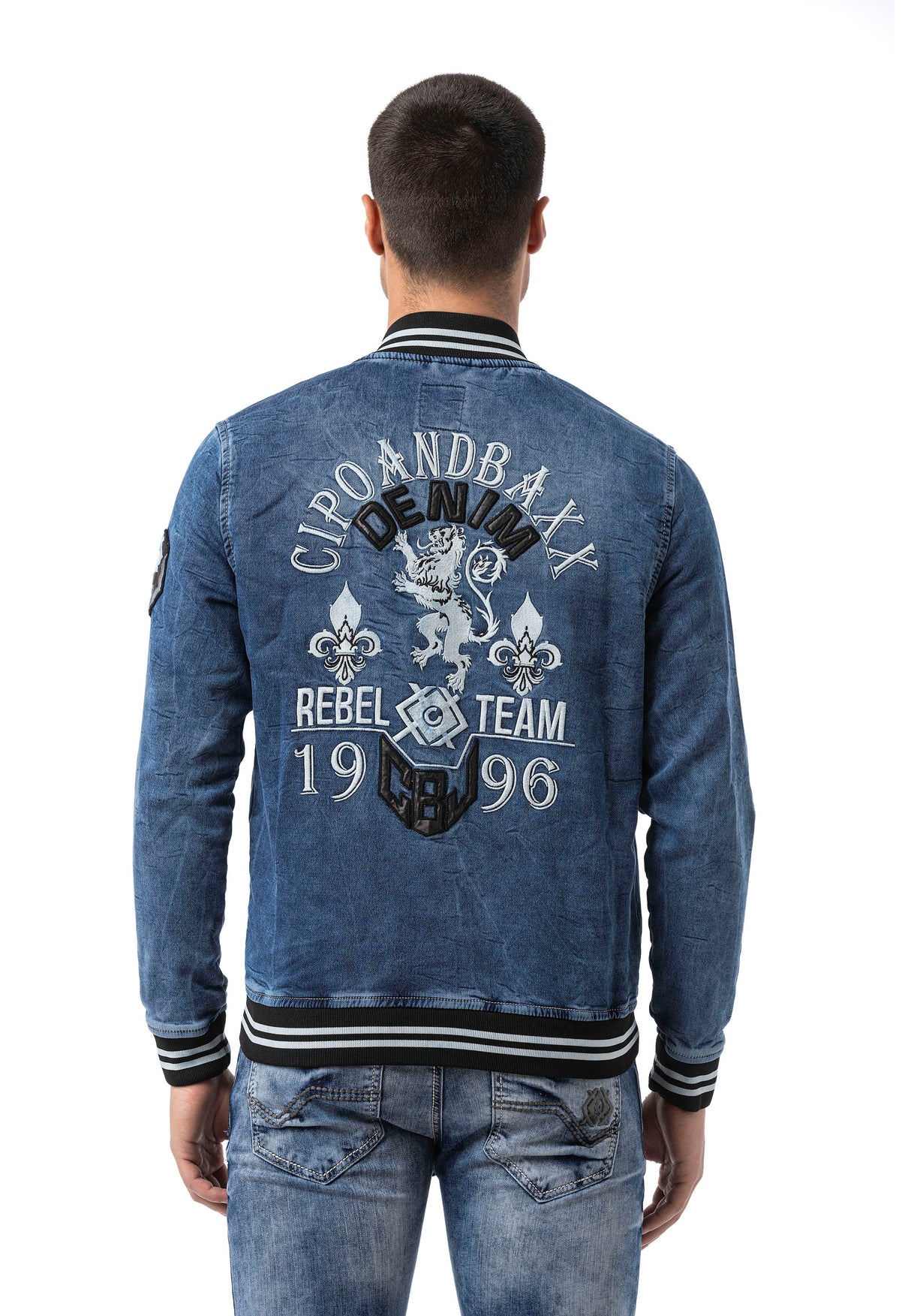 CJ310 Herren Jeansjacke mit gestreiftem Bündchen und College-Kragen