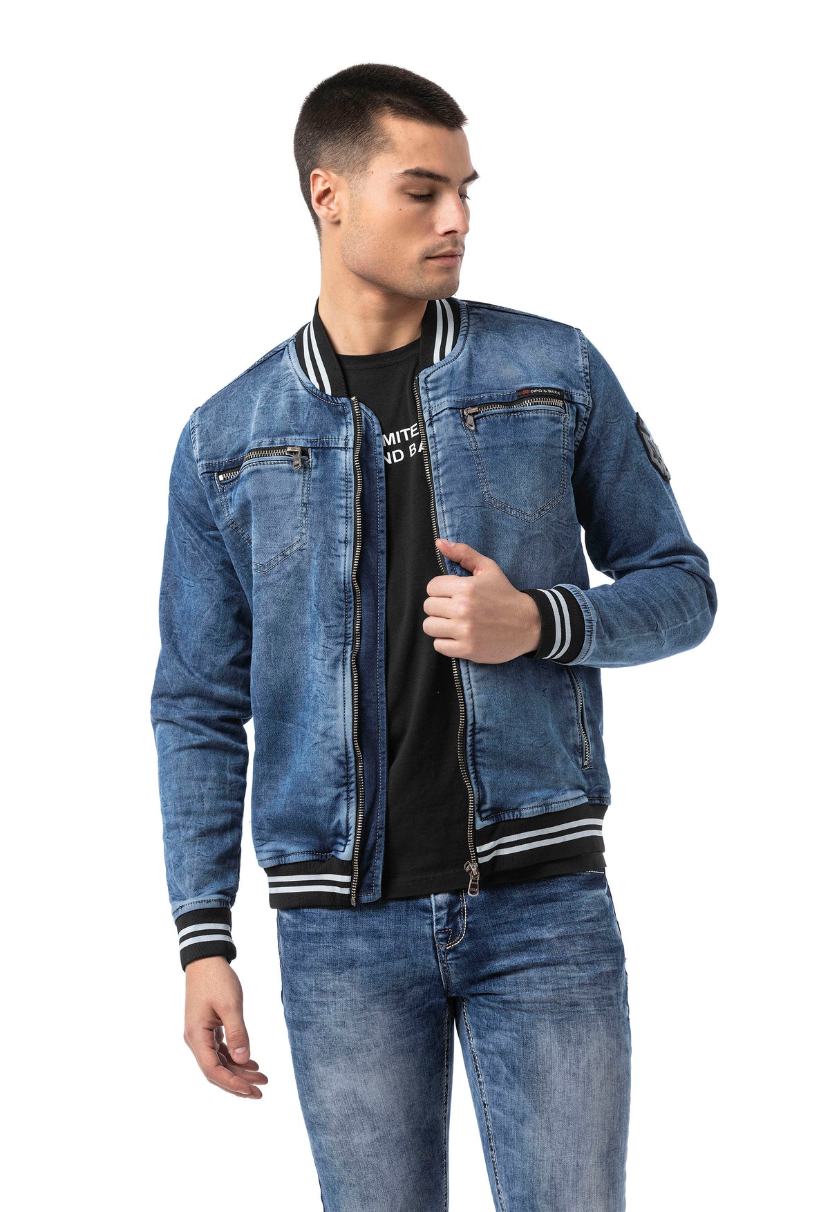 CJ310 Herren Jeansjacke mit gestreiftem Bündchen und College-Kragen