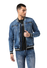CJ310 Herren Jeansjacke mit gestreiftem Bündchen und College-Kragen