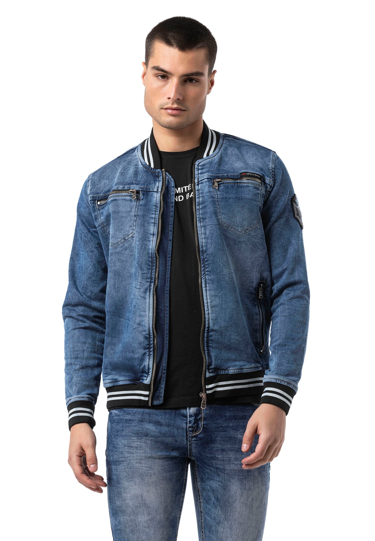 CJ310 Herren Jeansjacke mit gestreiftem Bündchen und College-Kragen