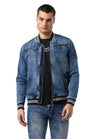 CJ310 Herren Jeansjacke mit gestreiftem Bündchen und College-Kragen