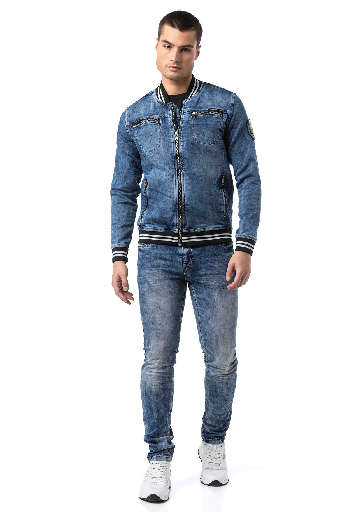 CJ310 Herren Jeansjacke mit gestreiftem Bündchen und College-Kragen