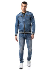 CJ310 Herren Jeansjacke mit gestreiftem Bündchen und College-Kragen