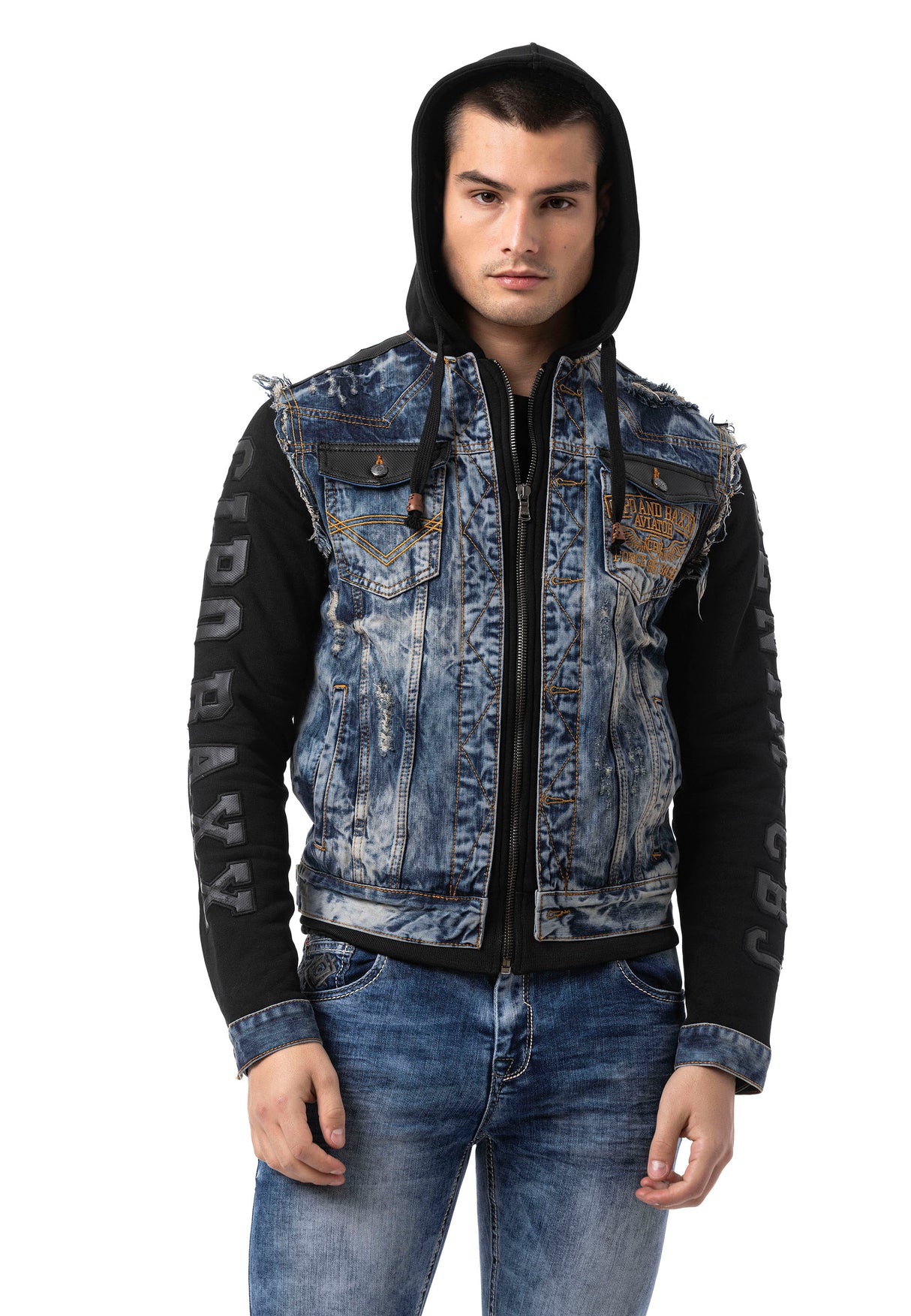 CJ309 Herren Jeansjacke mit Sweat-Kapuze und Sweatärmeln