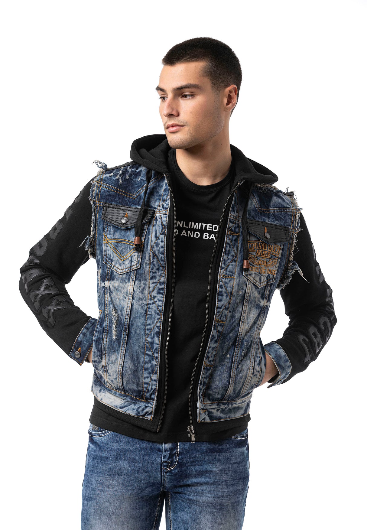 CJ309 Herren Jeansjacke mit Sweat-Kapuze und Sweatärmeln