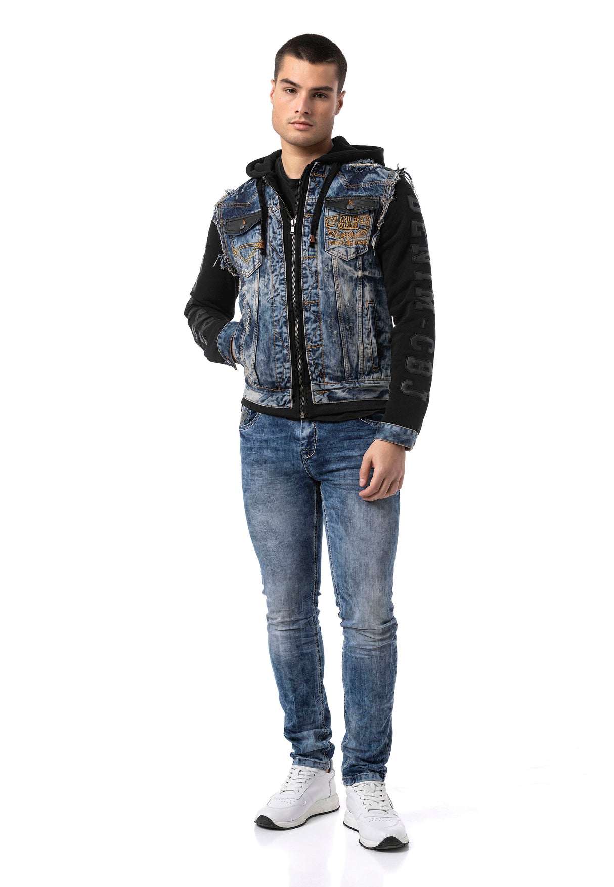 CJ309 Herren Jeansjacke mit Sweat-Kapuze und Sweatärmeln