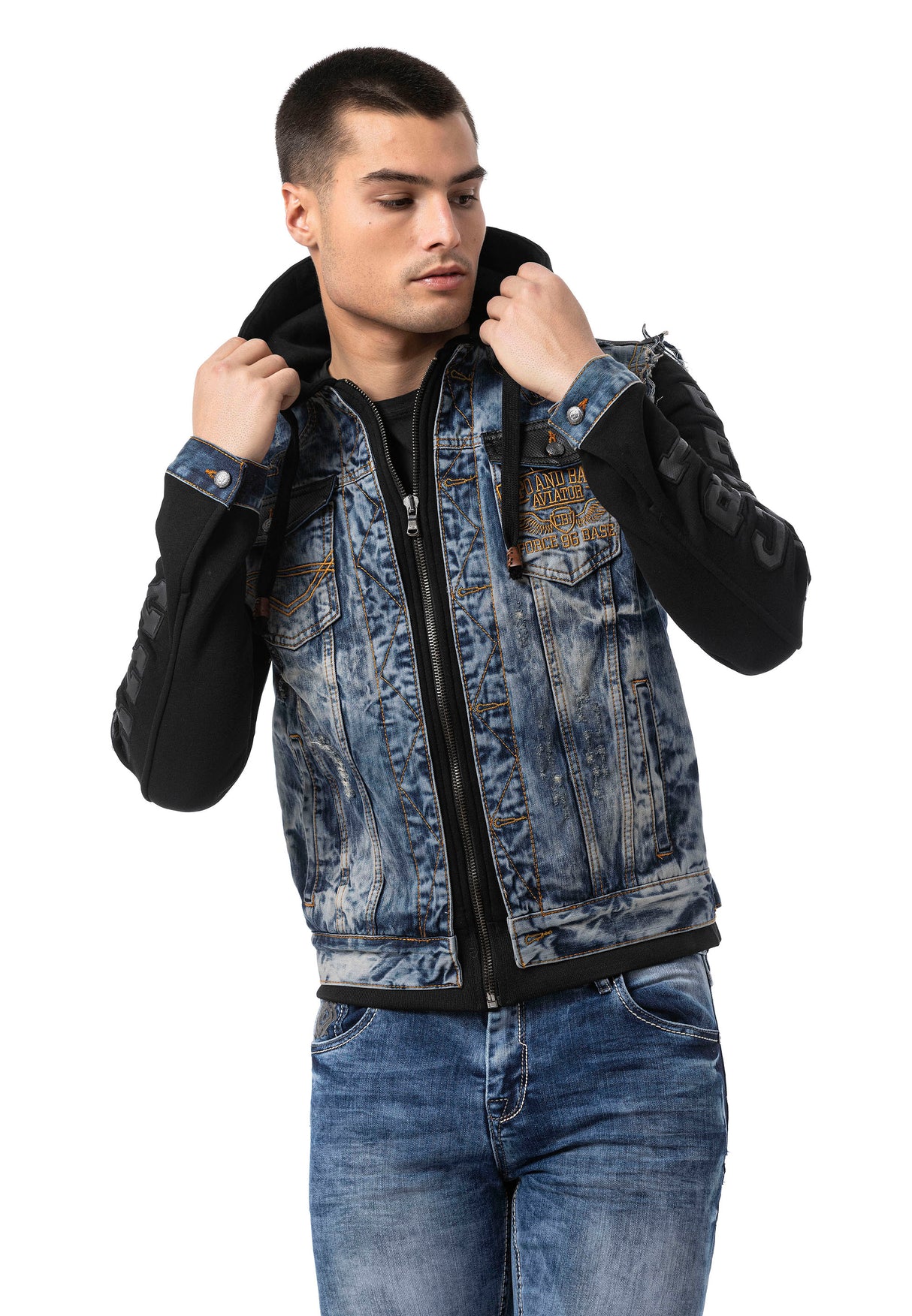 CJ309 Herren Jeansjacke mit Sweat-Kapuze und Sweatärmeln