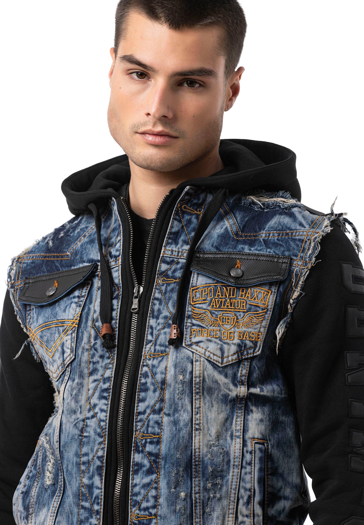 CJ309 Herren Jeansjacke mit Sweat-Kapuze und Sweatärmeln