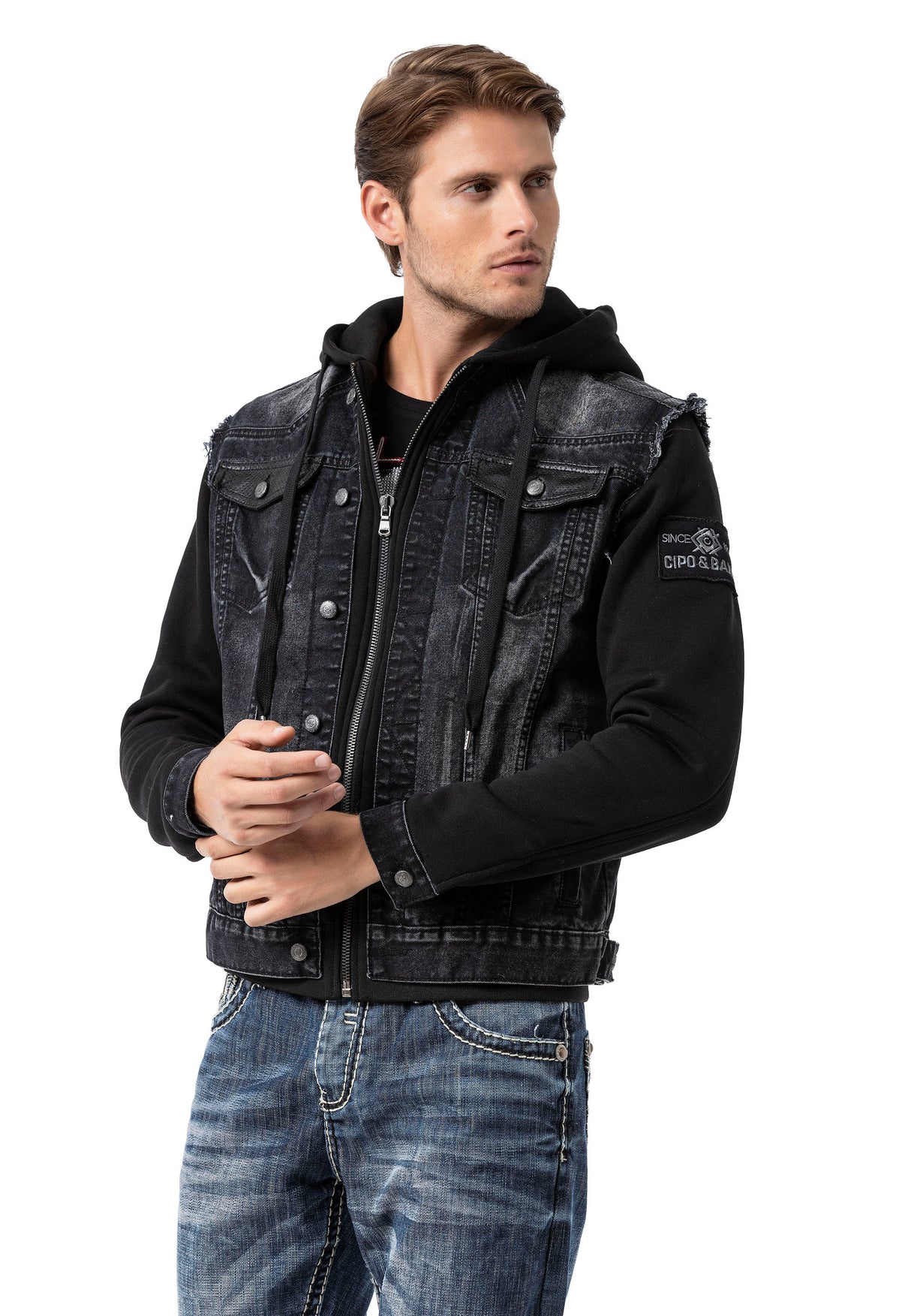 CJ307 Herren Jeansjacke mit Sweat Ärmeln und Kapuze