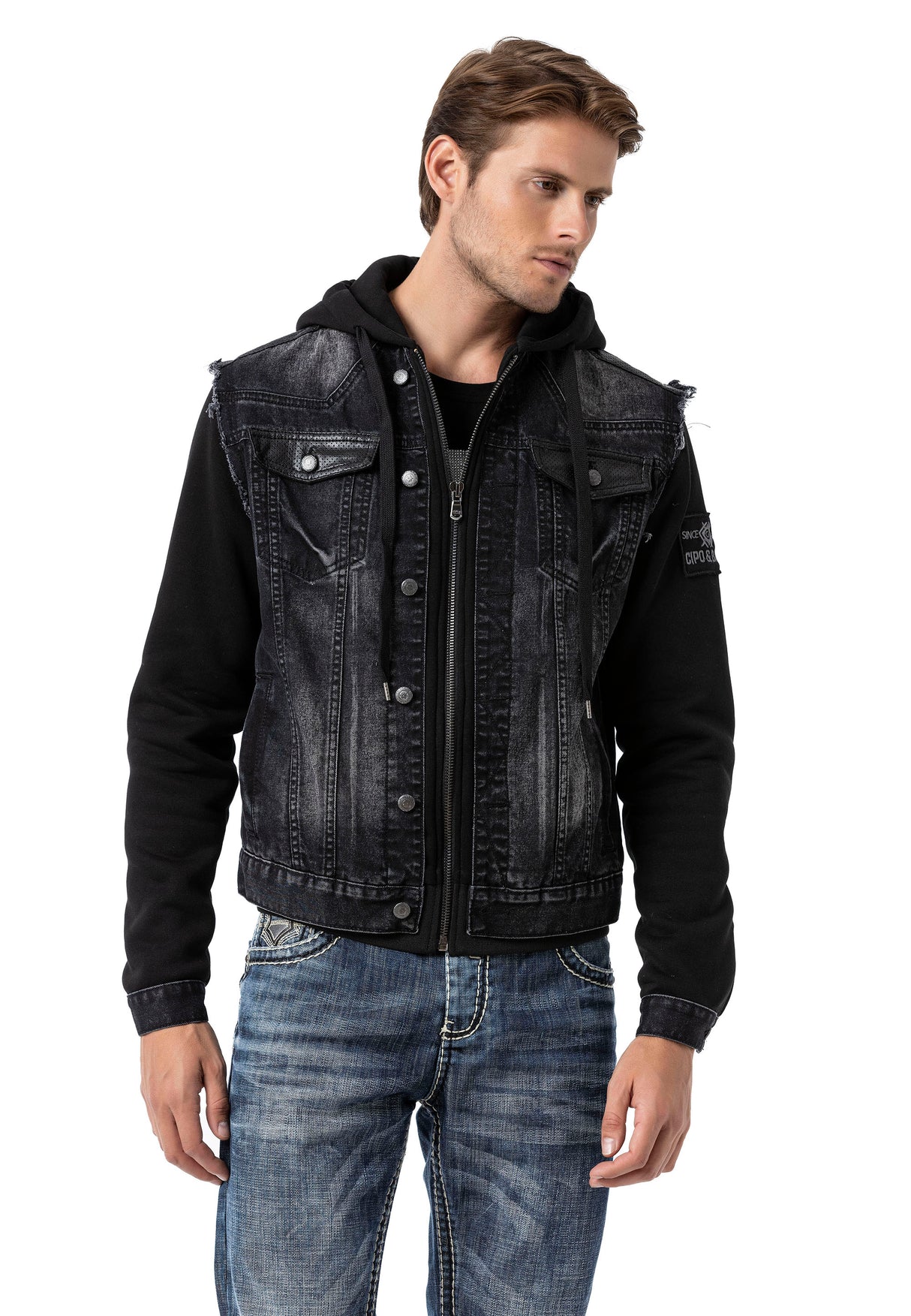 CJ307 Herren Jeansjacke mit Sweat Ärmeln und Kapuze