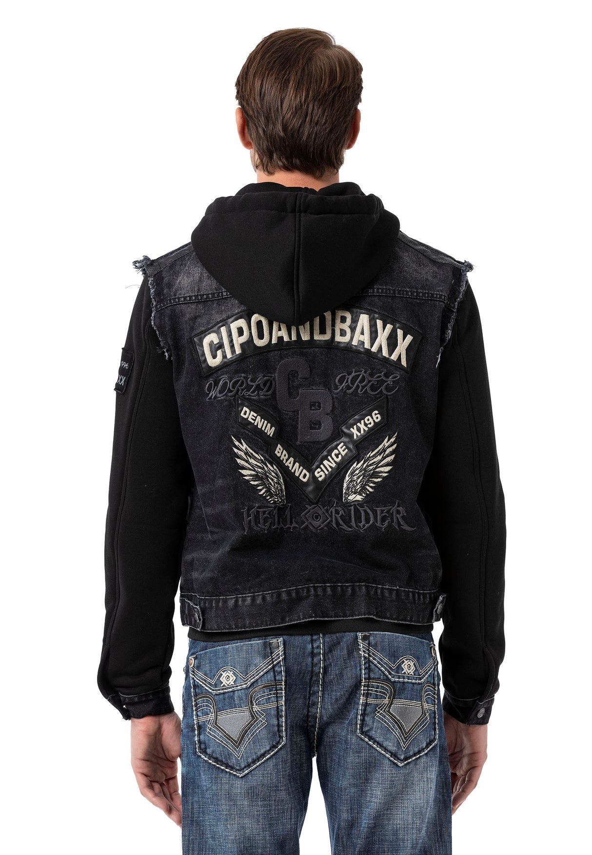 CJ307 Herren Jeansjacke mit Sweat Ärmeln und Kapuze