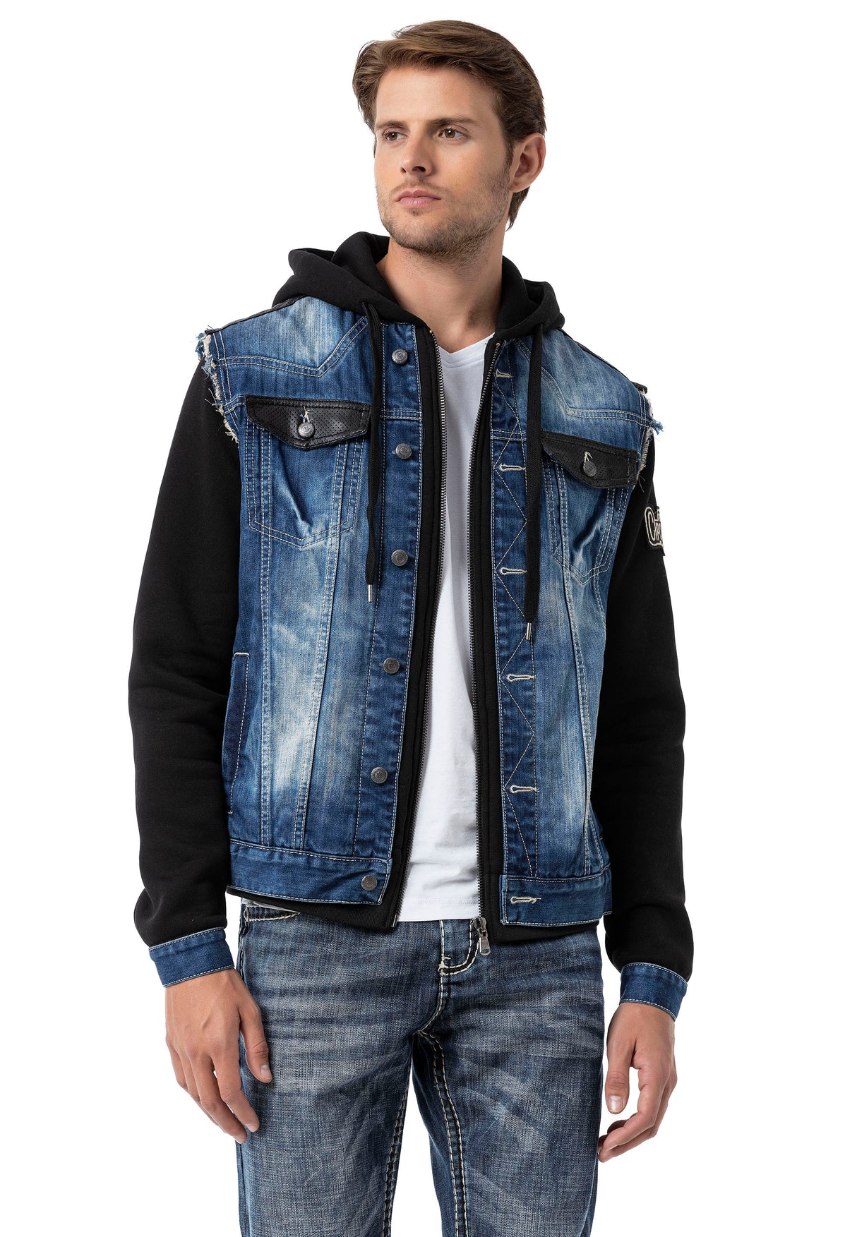 CJ307 Herren Jeansjacke mit Sweat Ärmeln und Kapuze