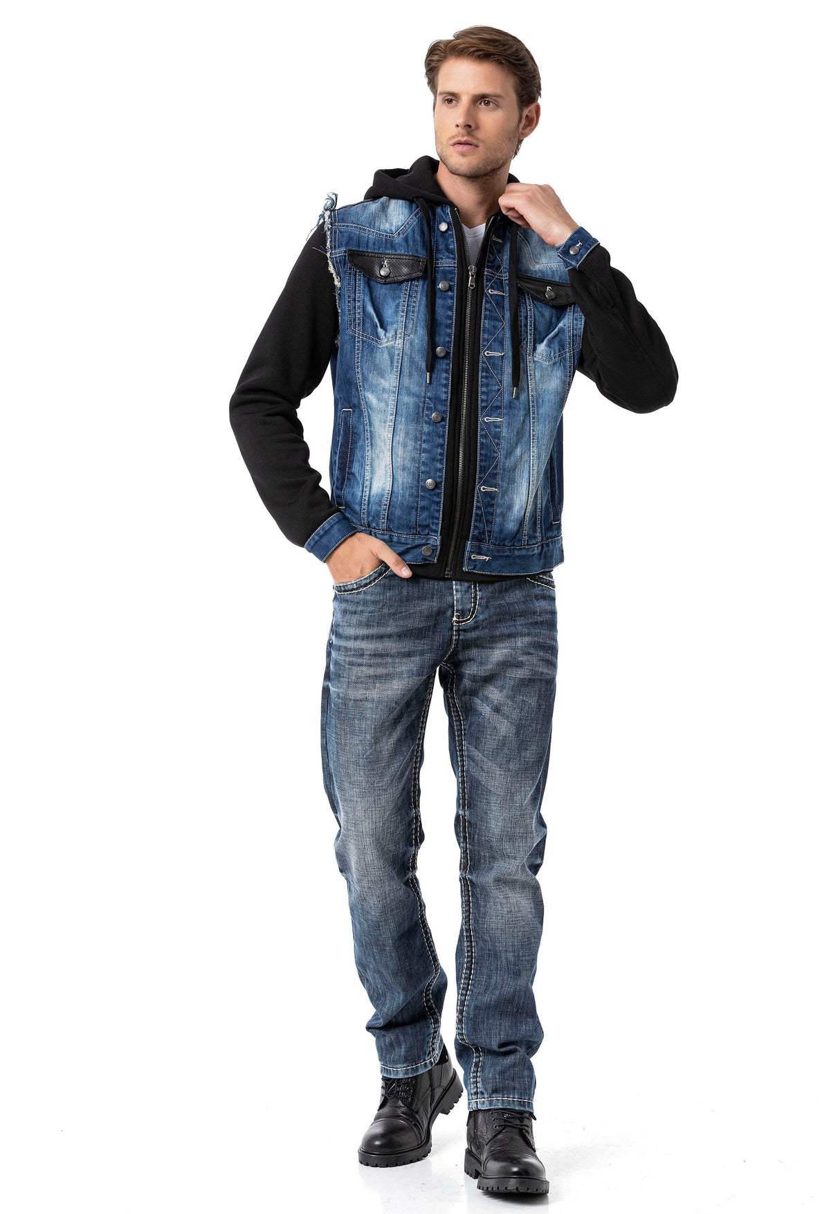 CJ307 Herren Jeansjacke mit Sweat Ärmeln und Kapuze