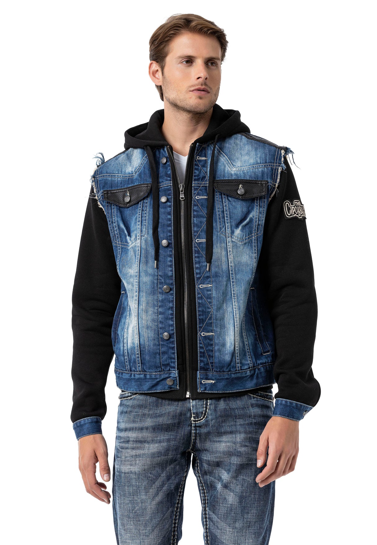 CJ307 Herren Jeansjacke mit Sweat Ärmeln und Kapuze