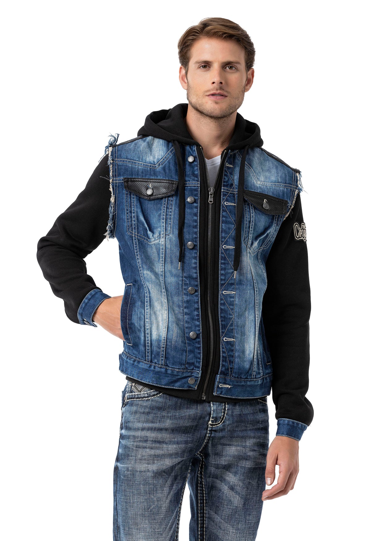 CJ307 Herren Jeansjacke mit Sweat Ärmeln und Kapuze