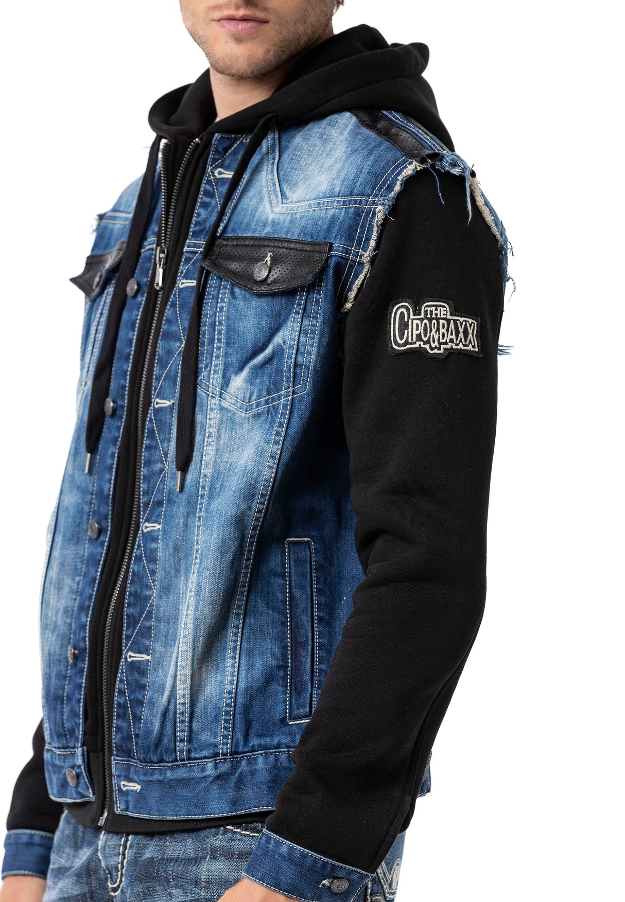 CJ307 Herren Jeansjacke mit Sweat Ärmeln und Kapuze