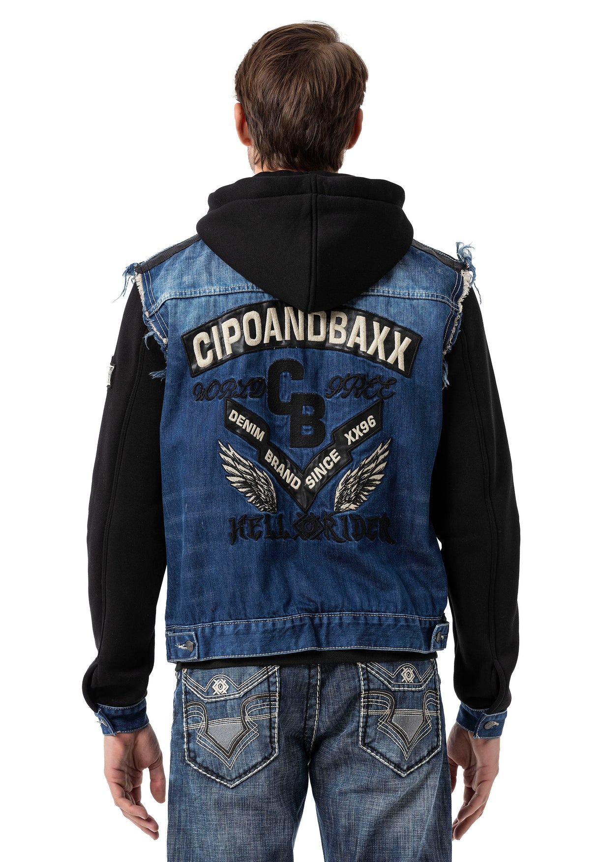 CJ307 Herren Jeansjacke mit Sweat Ärmeln und Kapuze