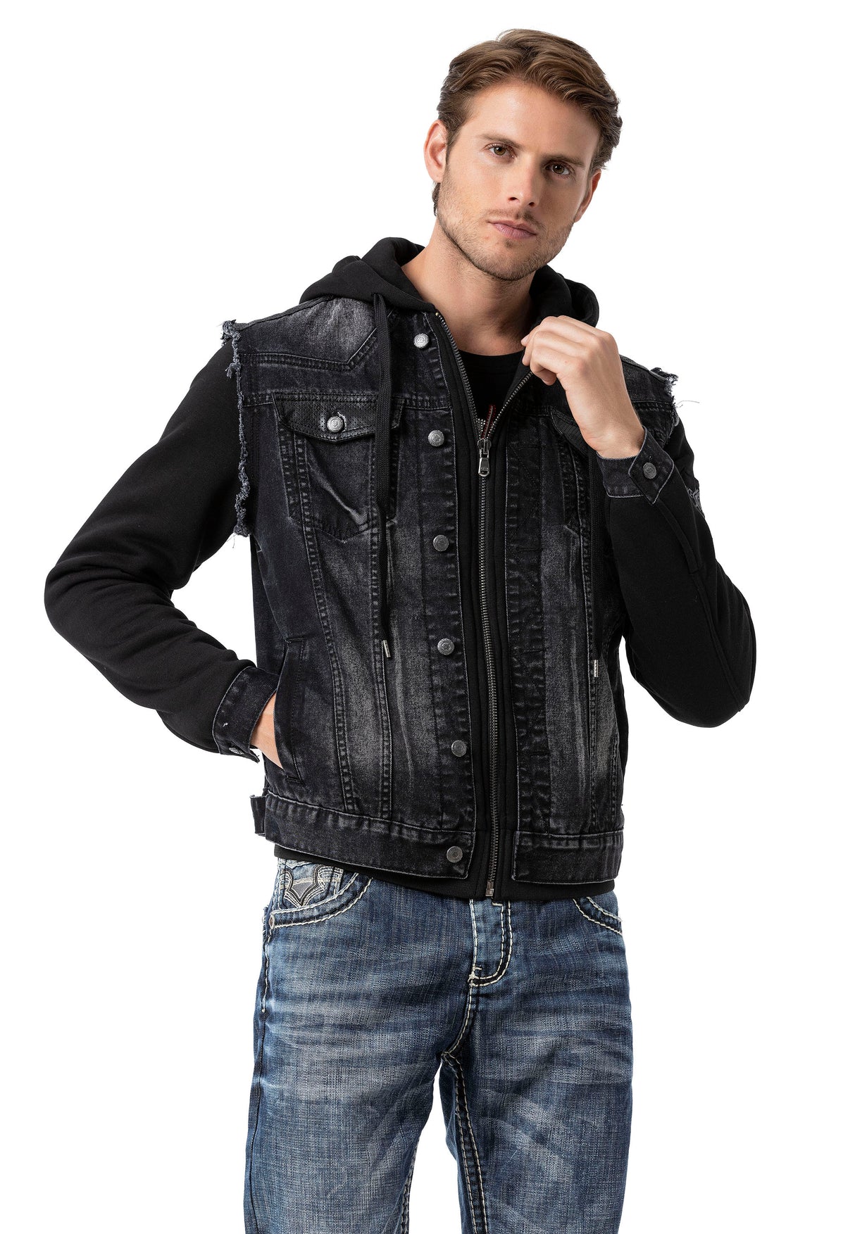 CJ307 Herren Jeansjacke mit Sweat Ärmeln und Kapuze