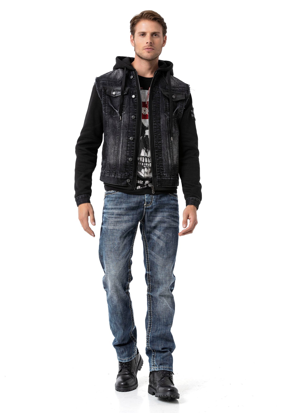 CJ307 Herren Jeansjacke mit Sweat Ärmeln und Kapuze