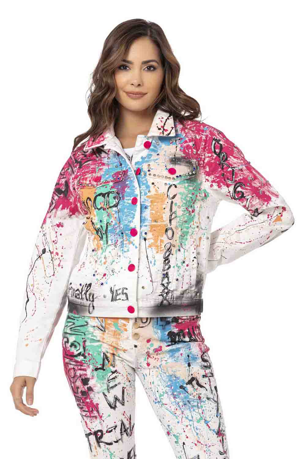 WJ196 Women's denim jacket with a colorful pattern