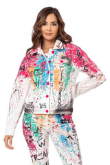 WJ196 Women's denim jacket with a colorful pattern