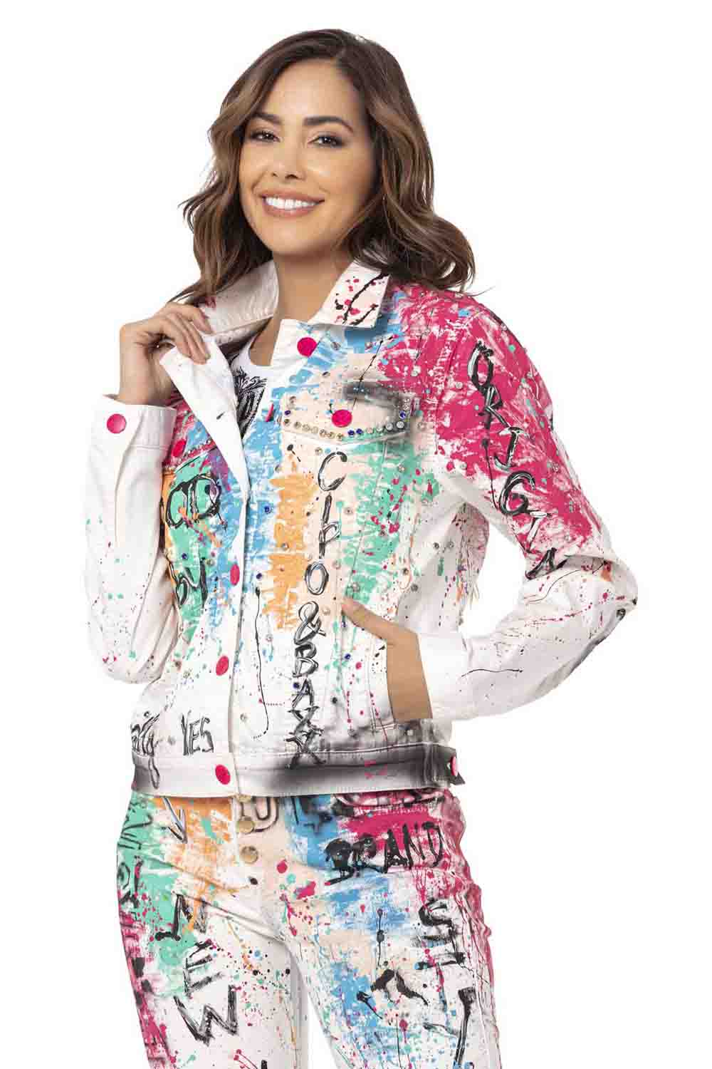 WJ196 Women's denim jacket with a colorful pattern