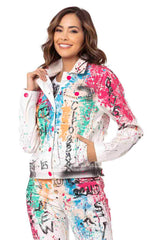 WJ196 Women's denim jacket with a colorful pattern