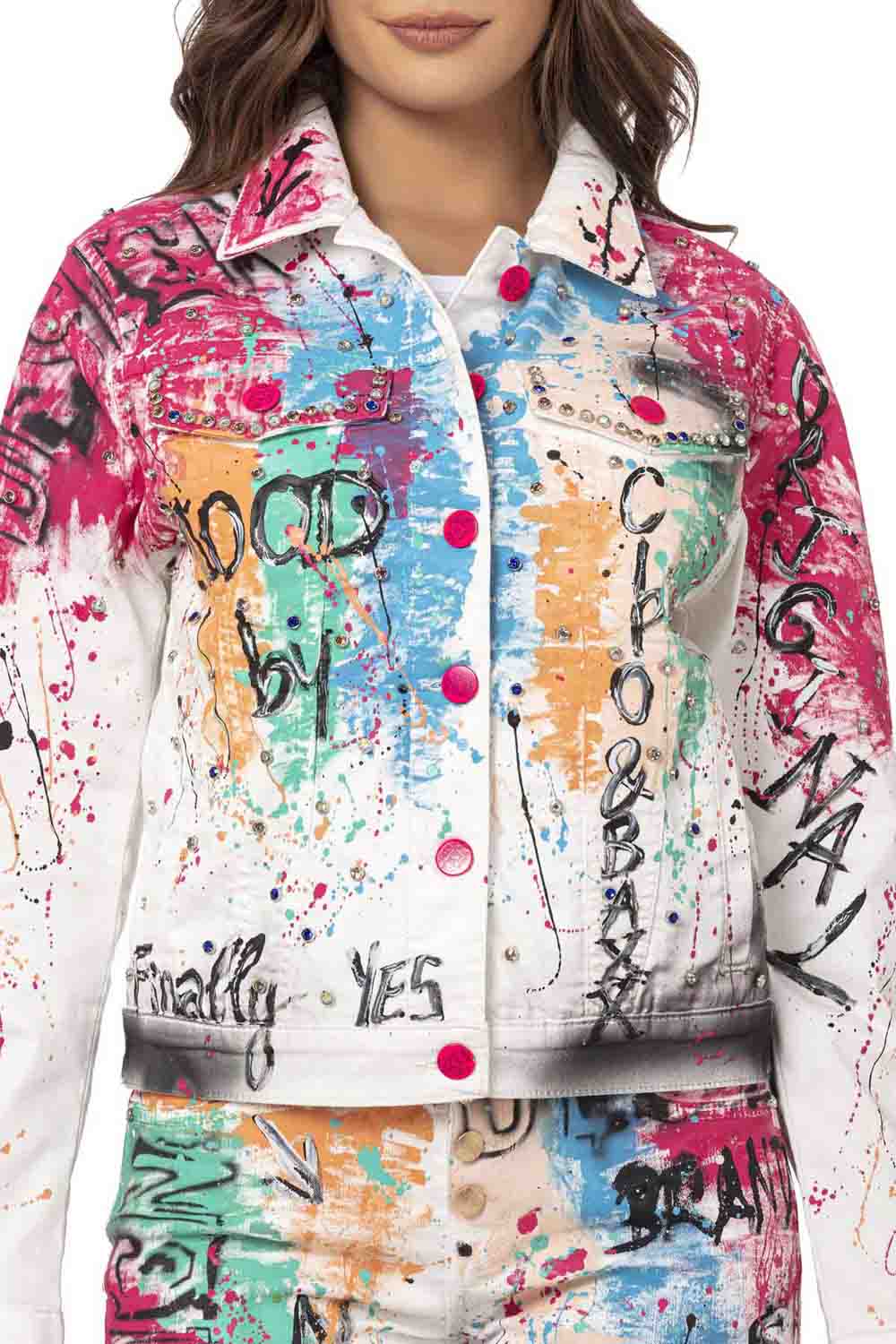 WJ196 Women's denim jacket with a colorful pattern