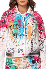 WJ196 Women's denim jacket with a colorful pattern