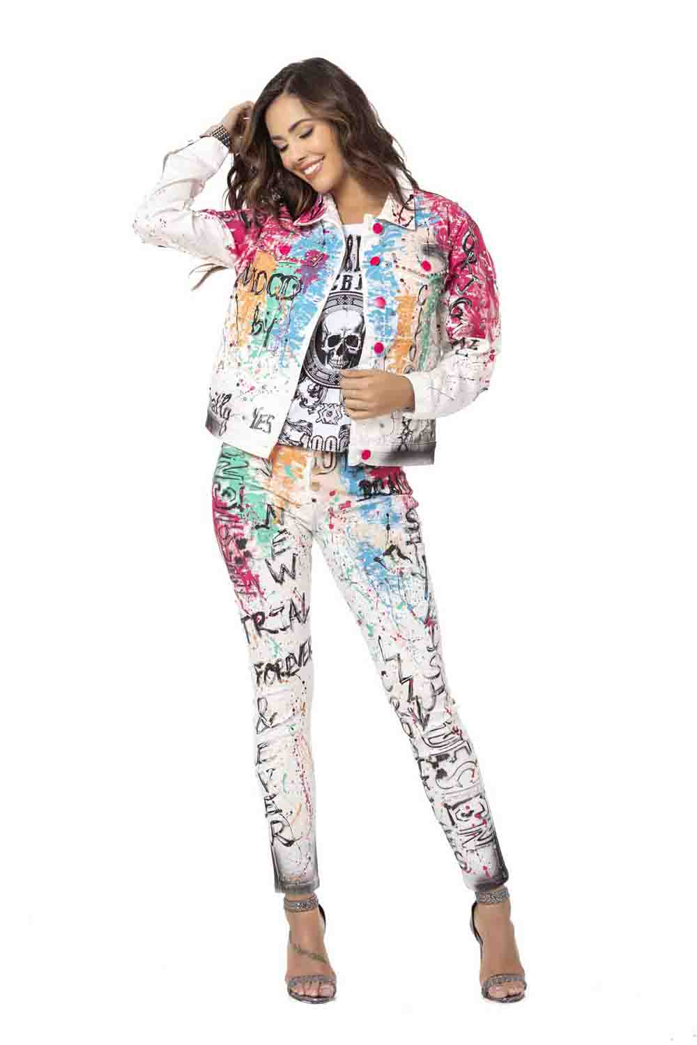 WJ196 Women's denim jacket with a colorful pattern