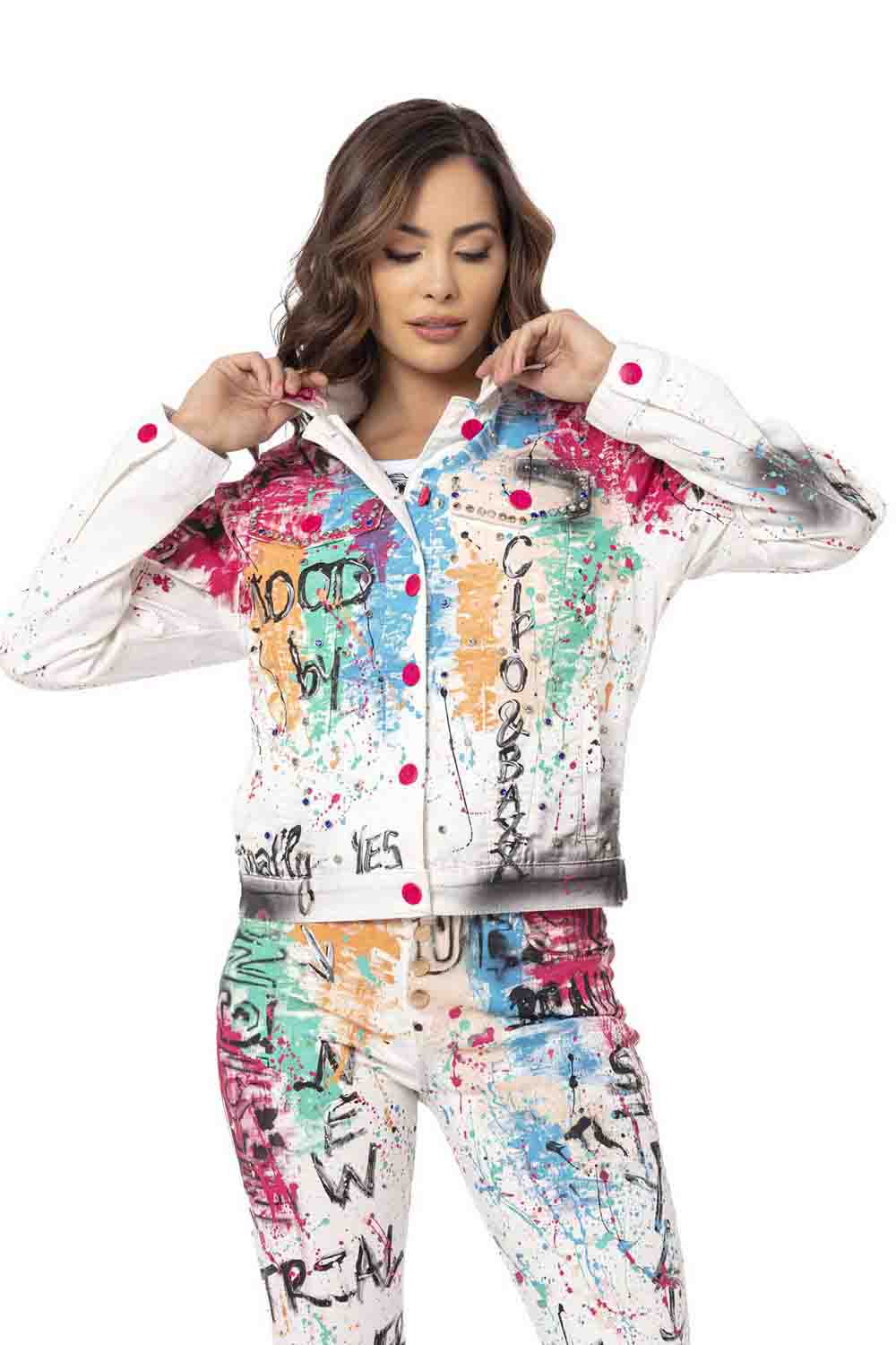 WJ196 Women's denim jacket with a colorful pattern