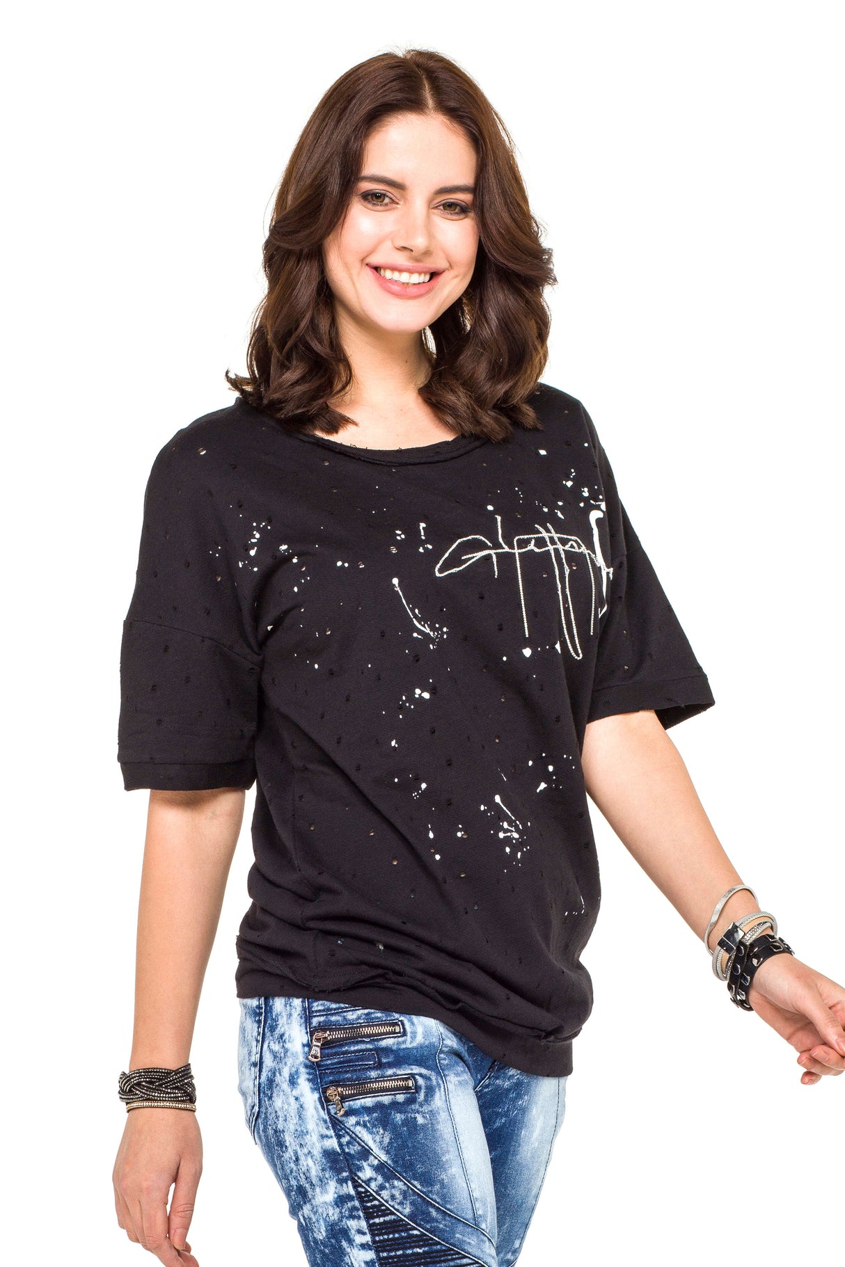 WT254 Oversize Damen T-Shirt mit Schriftzug & Destroyed-Details – Schwarz