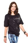 WT254 Oversize Damen T-Shirt mit Schriftzug & Destroyed-Details – Schwarz
