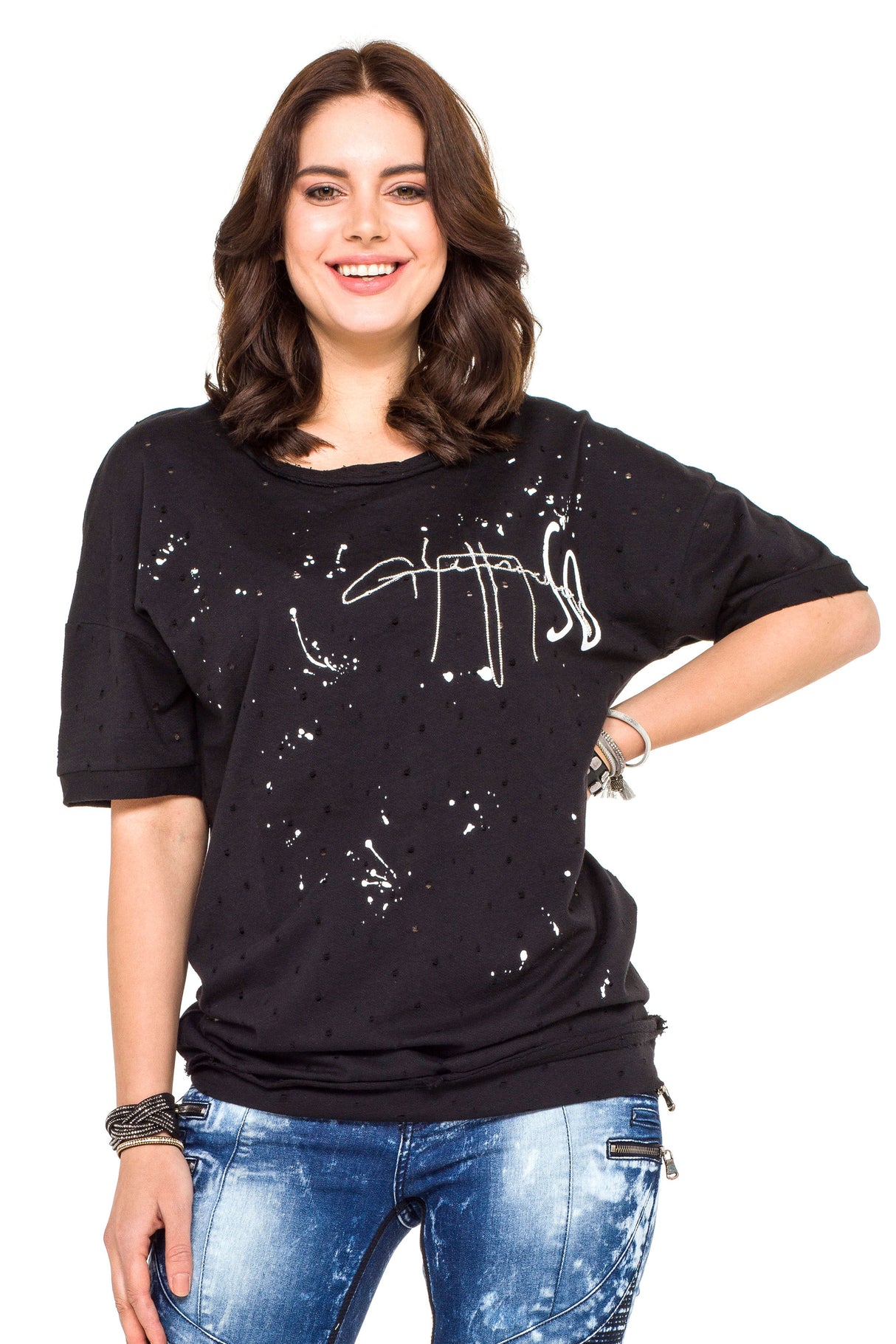 WT254 Oversize Damen T-Shirt mit Schriftzug & Destroyed-Details – Schwarz
