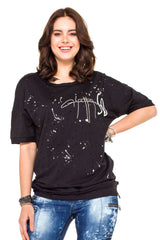 WT254 Oversize Damen T-Shirt mit Schriftzug & Destroyed-Details – Schwarz