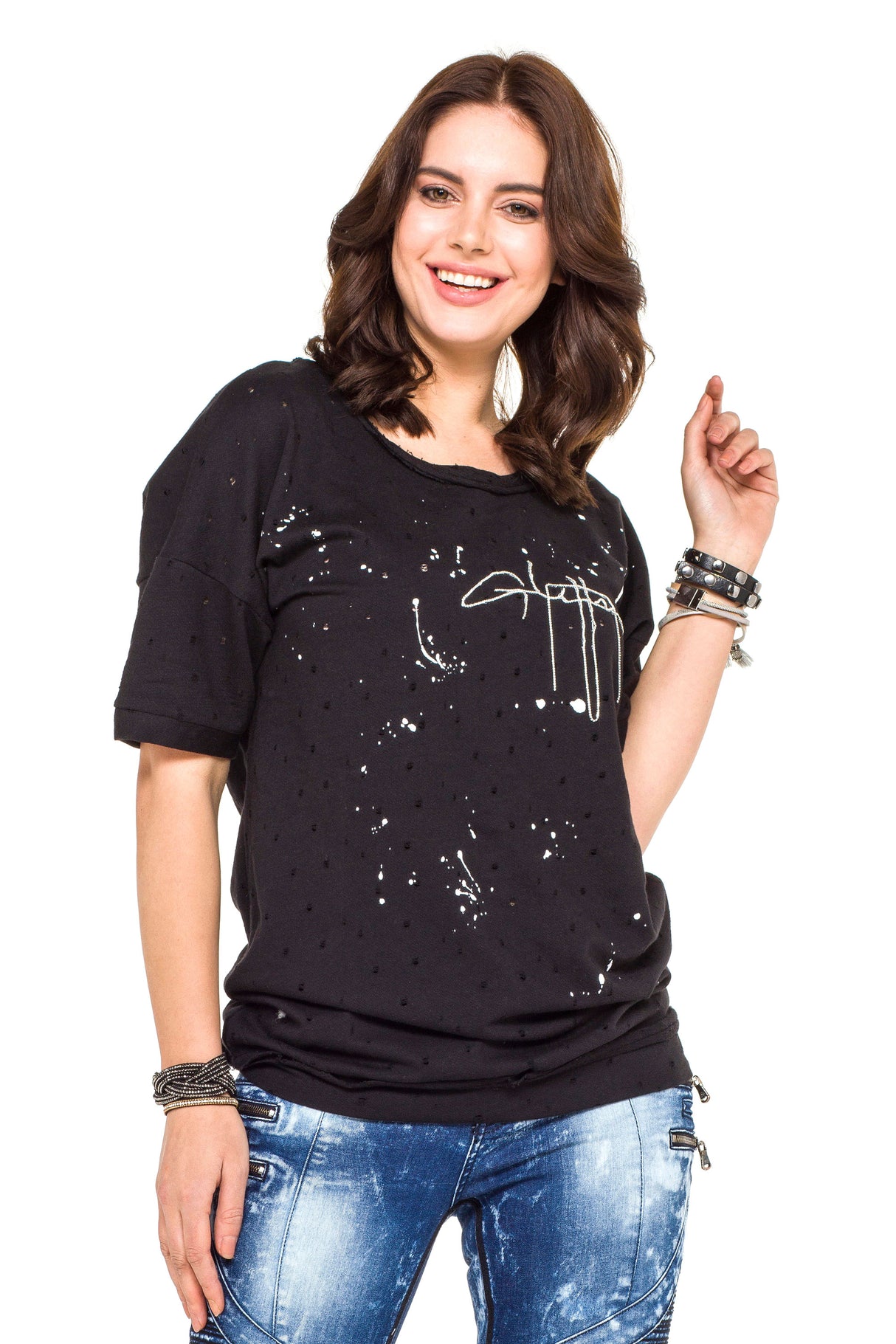 WT254 Oversize Damen T-Shirt mit Schriftzug & Destroyed-Details – Schwarz