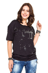 WT254 Oversize Damen T-Shirt mit Schriftzug & Destroyed-Details – Schwarz