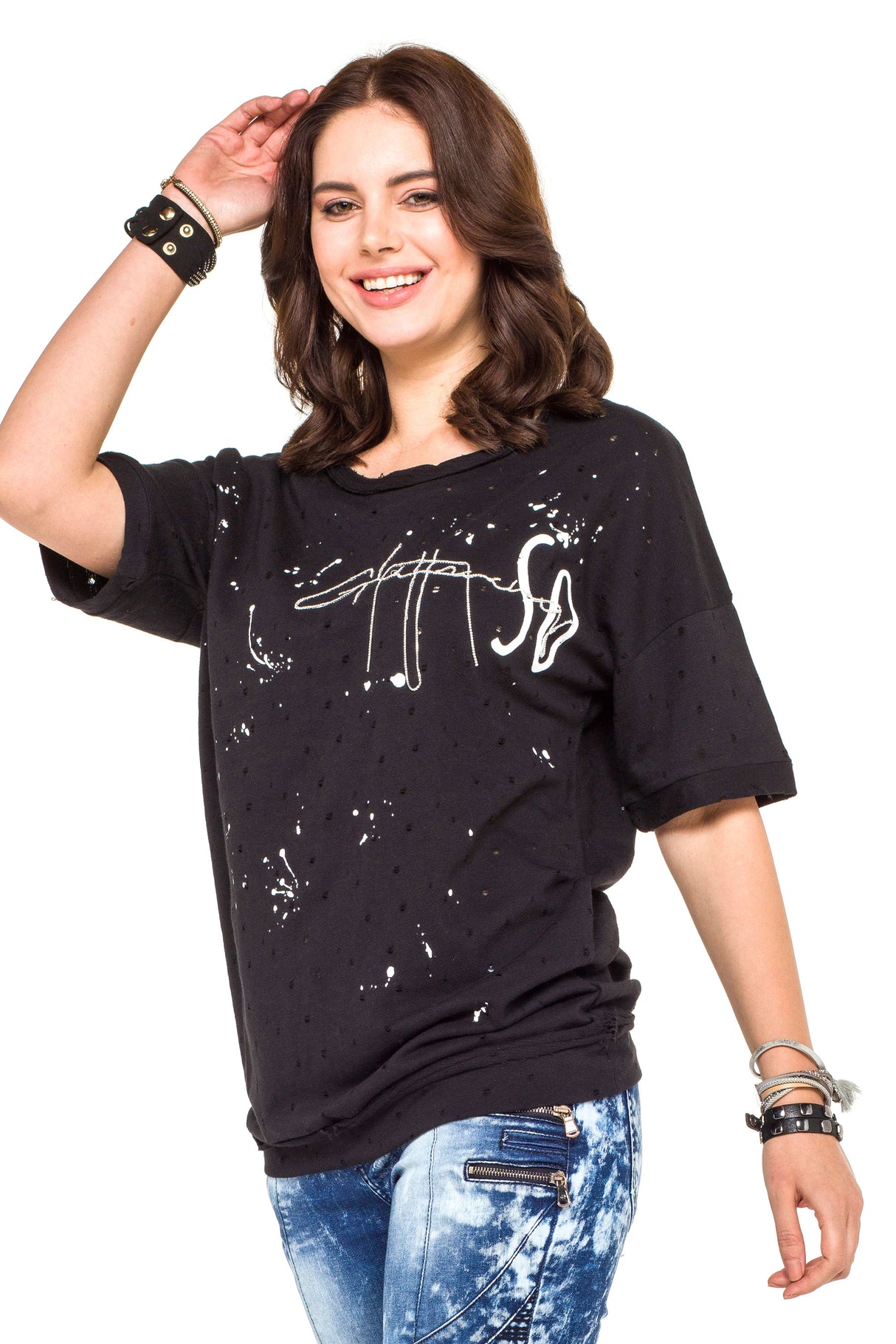 WT254 Oversize Damen T-Shirt mit Schriftzug & Destroyed-Details – Schwarz