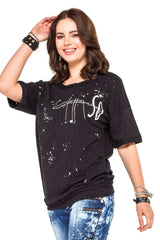 WT254 Oversize Damen T-Shirt mit Schriftzug & Destroyed-Details – Schwarz